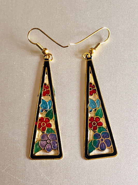 Florale Silhouette – Vintage-Cloisonné-Ohrringe in Trapezform